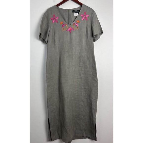 Vtg Harve Benard 16 100% Linen Maxi Shirt Dress Beige Long‎ Embroidery Coastal - Picture 1 of 14
